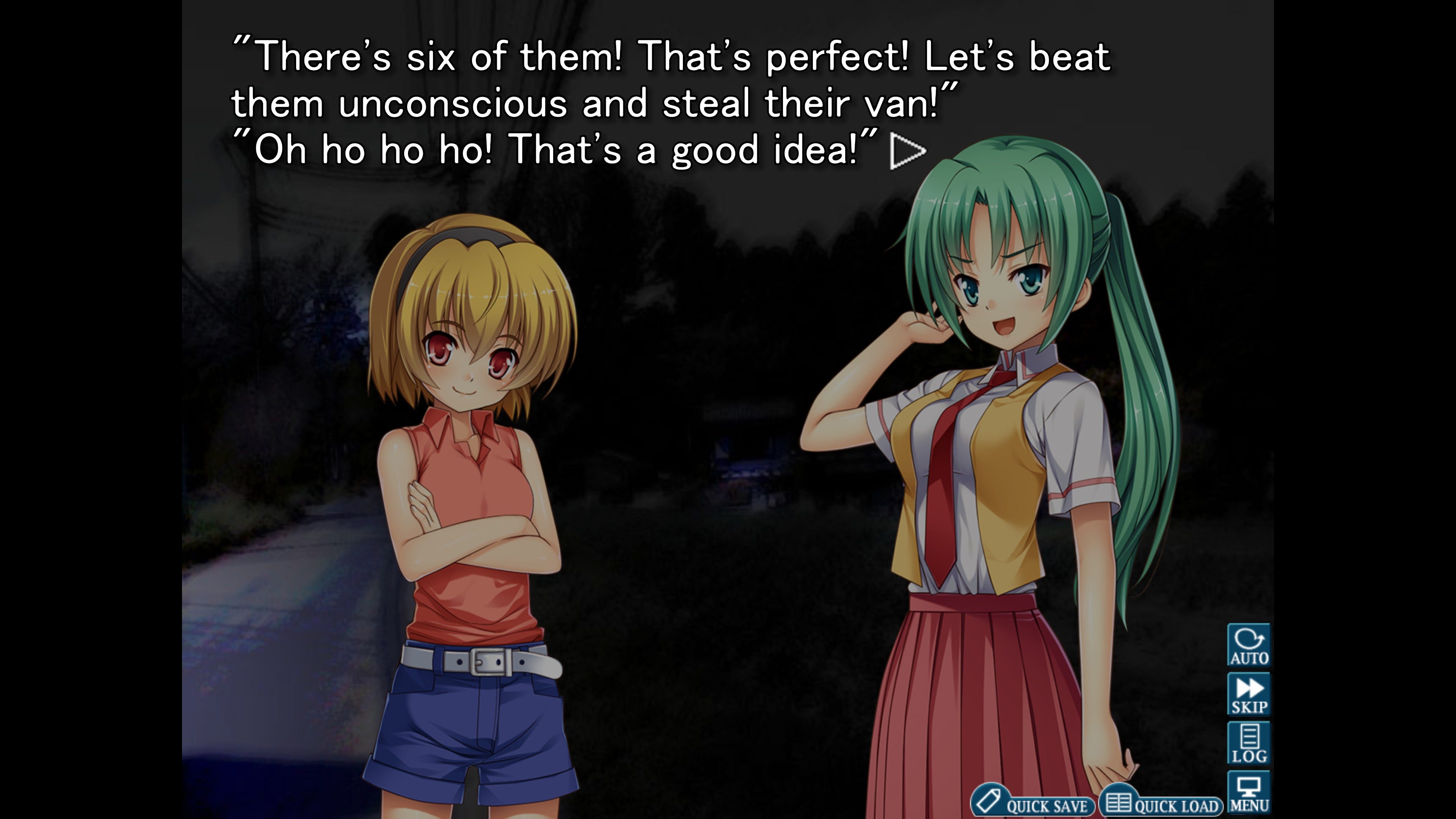 two girls in front of a blurry photo of a nighttime road; text in front
reads: '\